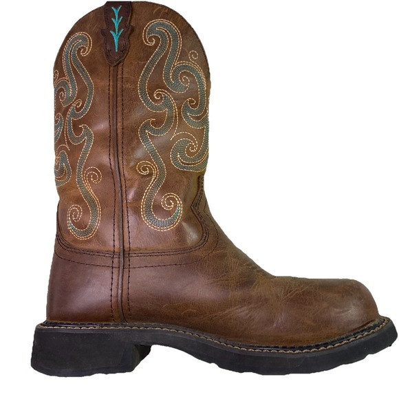 Justin Chocolate Chip Womens Leather Steel Toe Brown&Blue Cowgirl Boots Sz.6.5 B - Picture 10 of 14